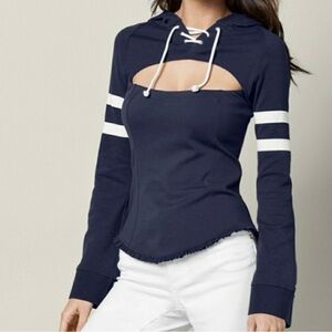 VENUS Navy Cutout Lace-Up Hoodie with White Stripe Sleeves